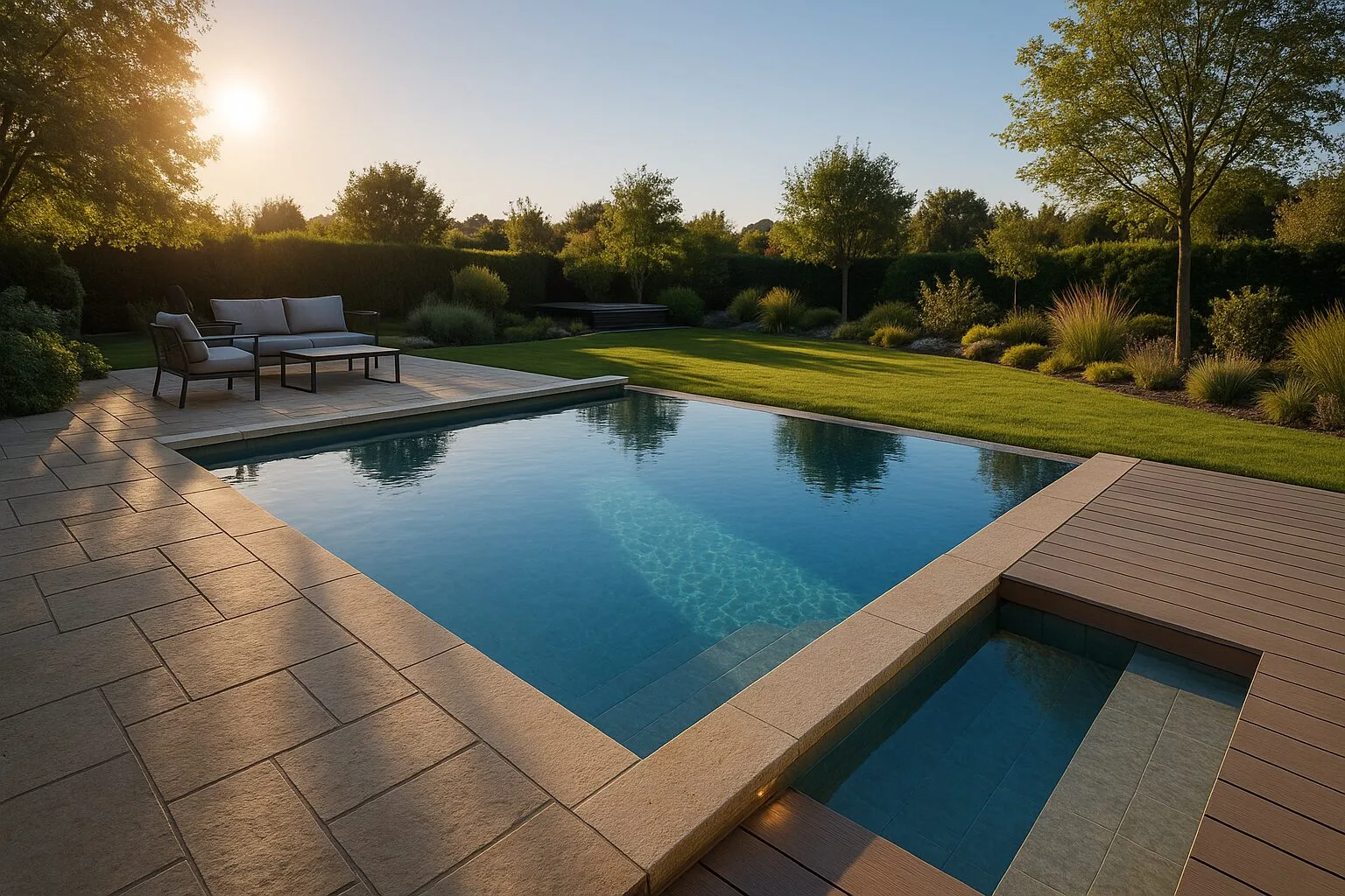 Piscine enterrée : construction, personnalisation et devis 4 Piscine enterrée avec margelles et plage immergée