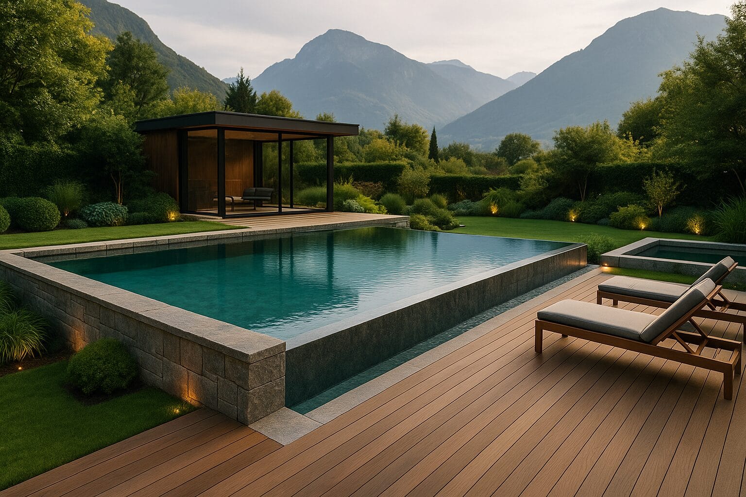 Piscines sur mesure : valorisez votre extérieur avec piscine week-end 3 Piscine sur mesure avec plage immergée et pool house